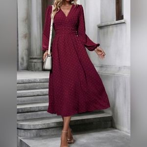 NEW Flowy Swiss Dot Ruched Waist Lantern Sleeve Dress Burgundy Red